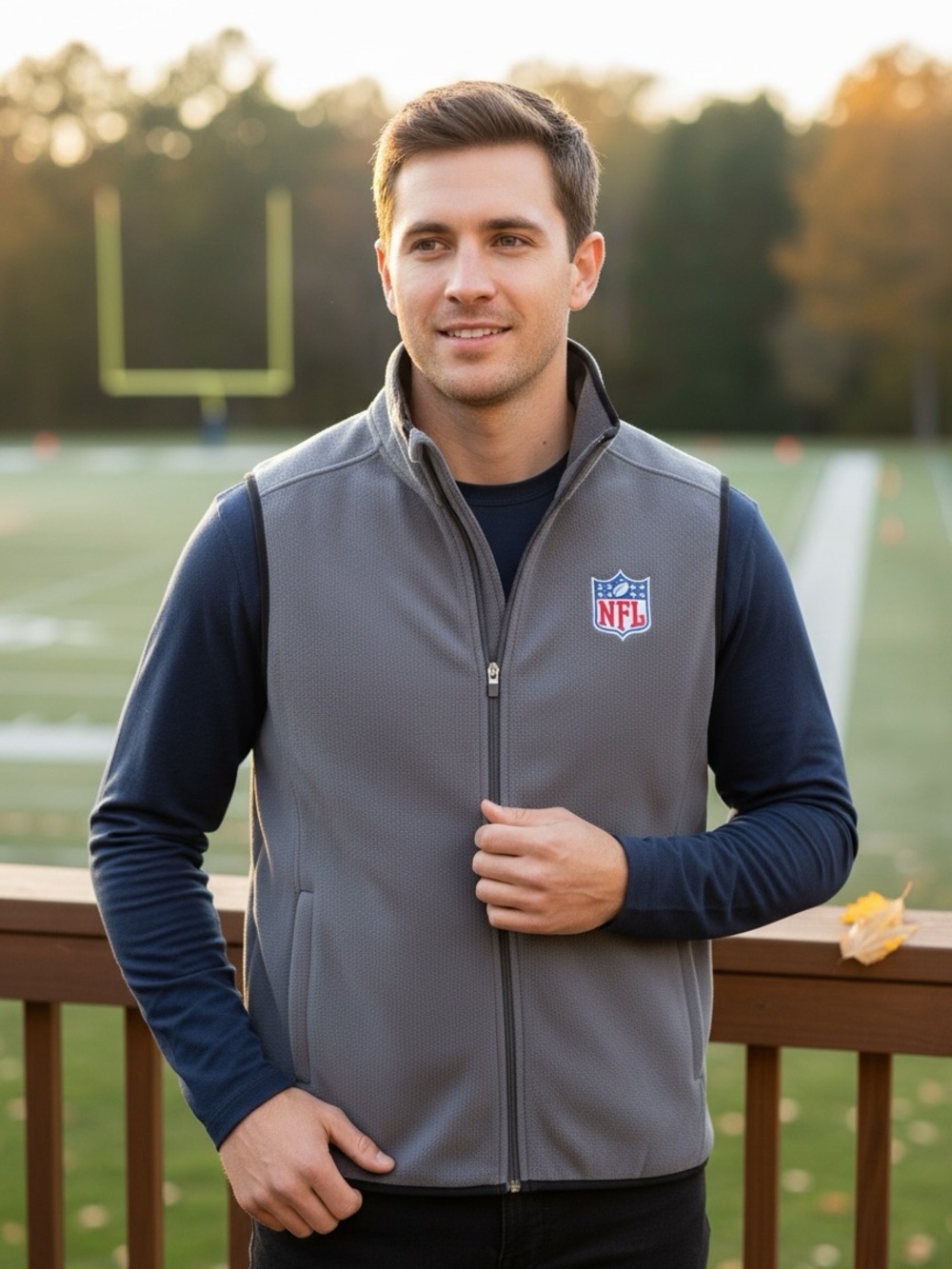 NFL Gray Fleece Vest Full Zip Embroidered Shield Patch Men Size XL